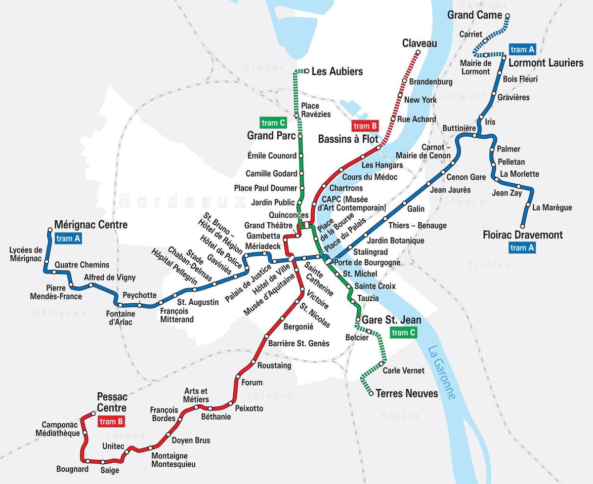 villamos térkép Bordeaux, franciaország