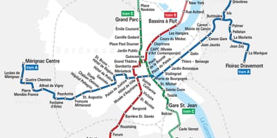 Bordeaux villamos útvonal térkép